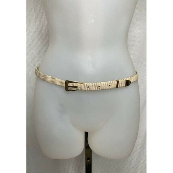 𝅺SMALL Marshal Metal Hong Kong NWOT Vintage beige belt gold hardware scales - Picture 1 of 6